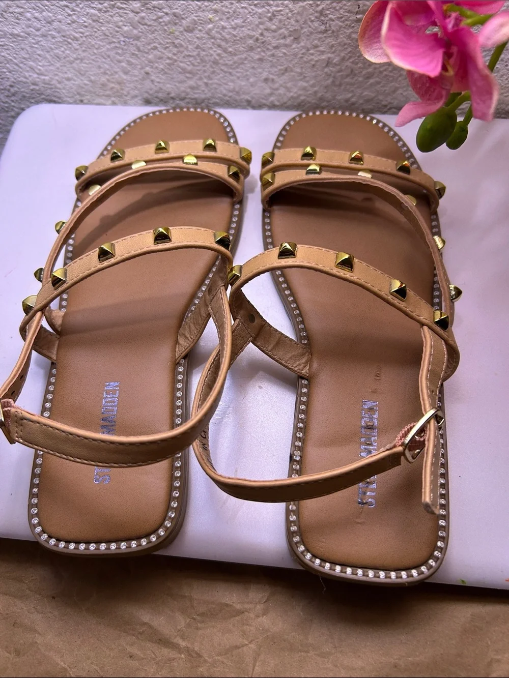 Steve Madden Tan Studded Strappy Flat Sandals